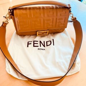 FENDI Baguette Leather Embossed Shoulder Bag, Tan